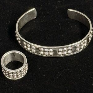 Vintage Ball Beaded Cigar Silver Bracelet and Ring Set 925 Made in Mexico